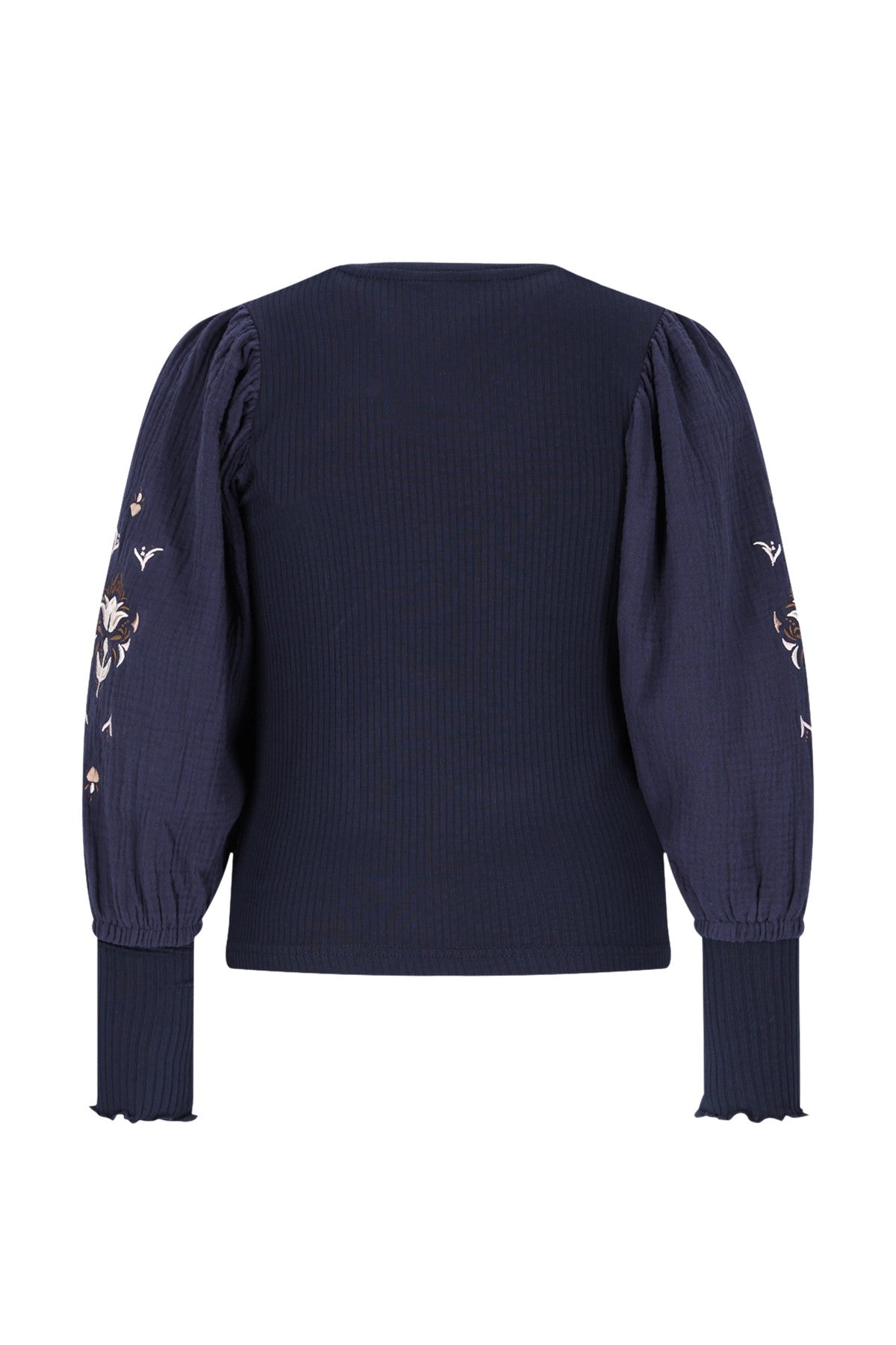 Eloise Flo girls top with rib body and balloon sleeves navy