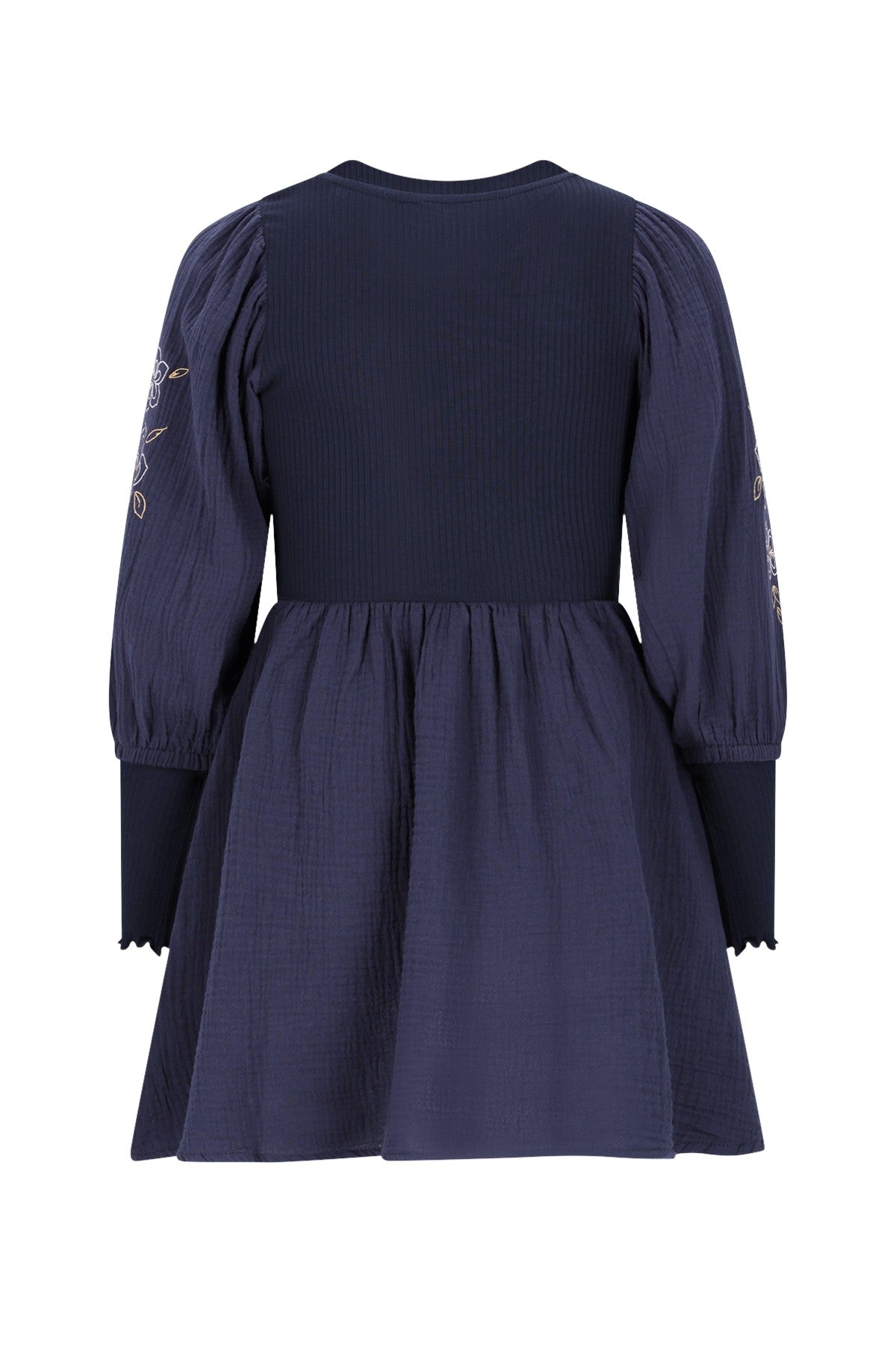 Maya Flo girls' woven dress with balloon sleeves and ribbed body, navy