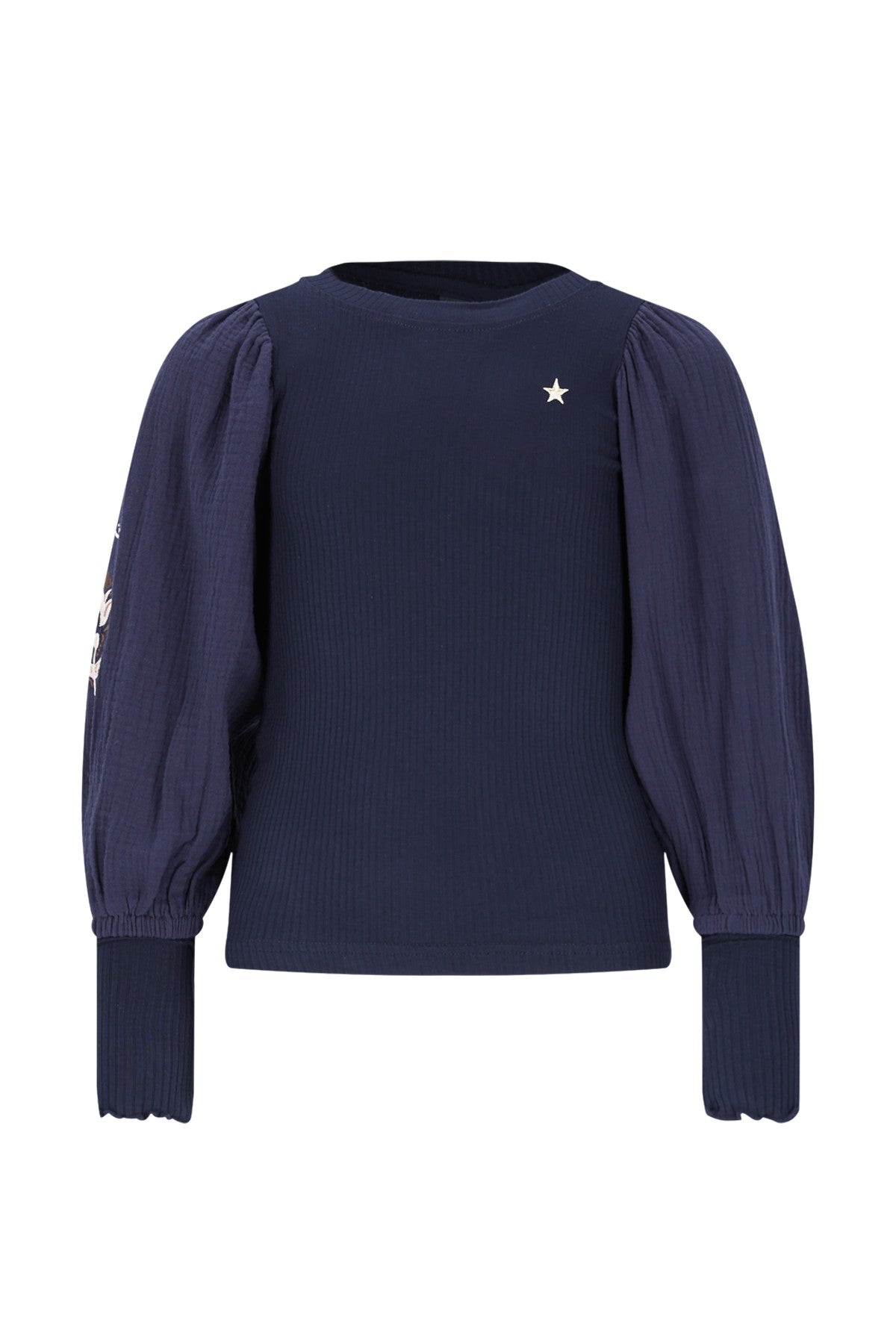 Eloise Flo girls top with rib body and balloon sleeves navy